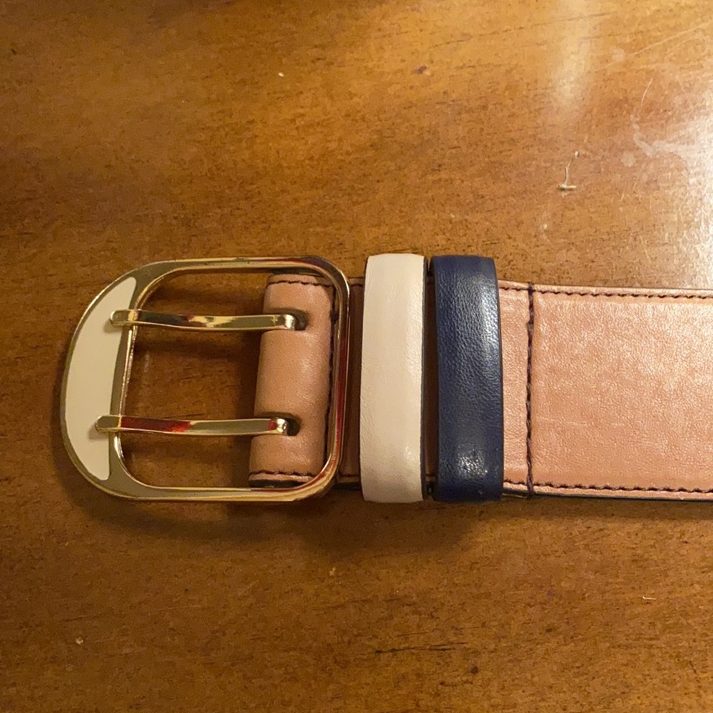 Ann Taylor Wide Leather Trouser Belt. Medium,Tan, Navy, Gold Excellent Condition